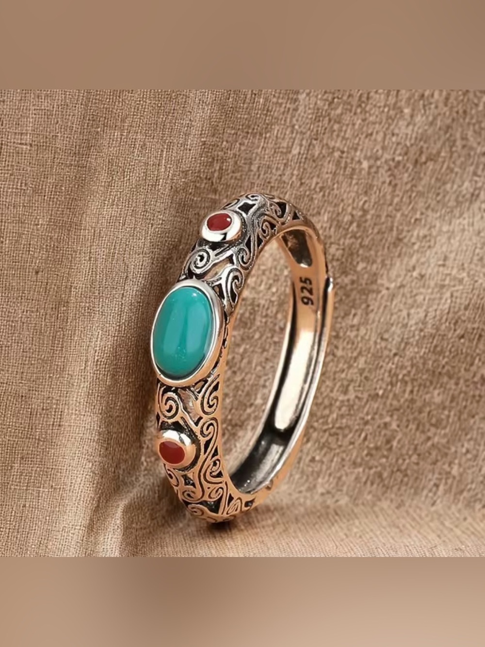 Sterling Silver Turquoise Accent Adjustable Ring - Blue